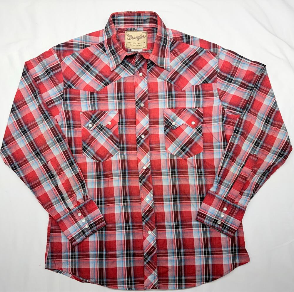 Wrangler Western Mens Red Plaid Pearl Snap Shirt Cowboy Rodeo Long Sleeve